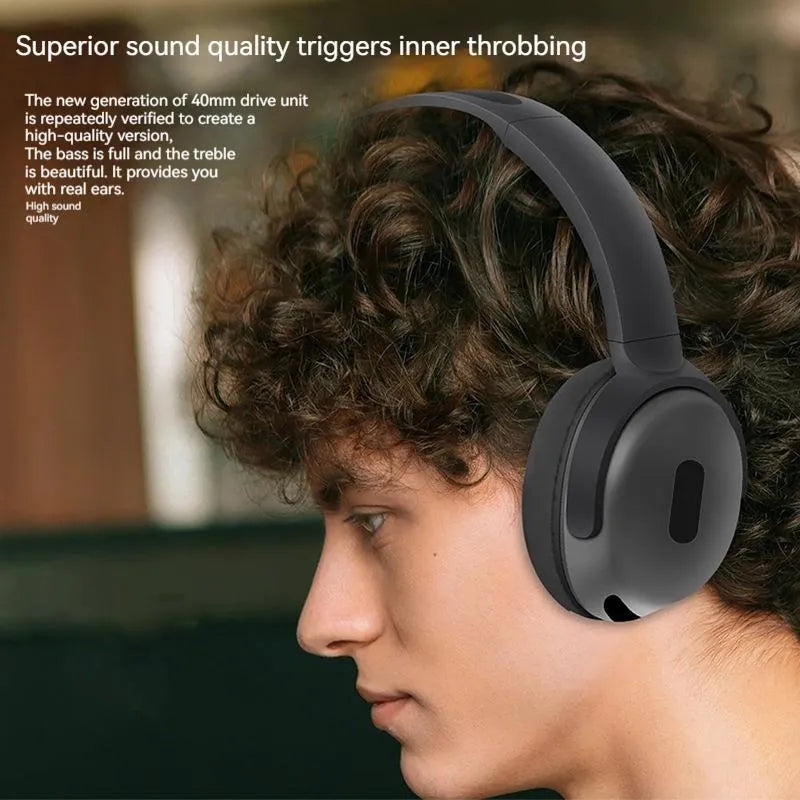 Foldable wireless Bluetooth headphones in black with over-ear design and folding hinge for travel storage