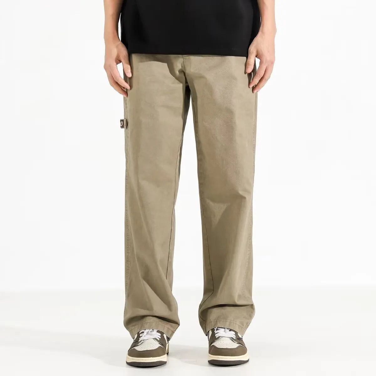 All-match loose wide-leg pants in black drawstring mid-waist style