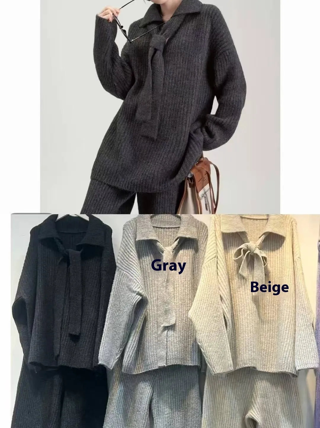 Beige women's knitted sweater suit set with collage stitch detail on top and trousers on a hanger.