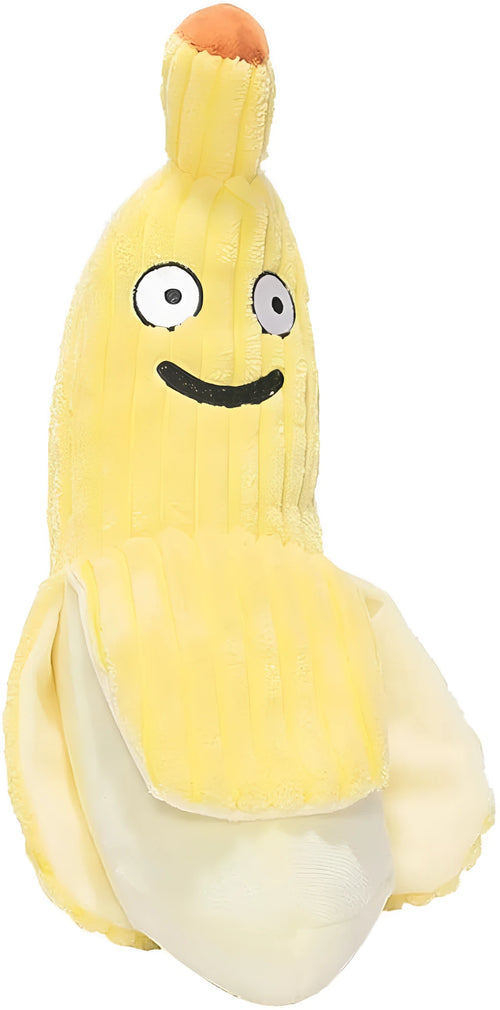 Yellow banana-shaped cat toy with plush fabric and crinkle paper inside