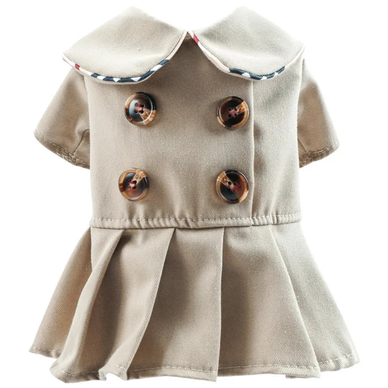 Khaki polyester trench coat pet clothing for dogs on white background
