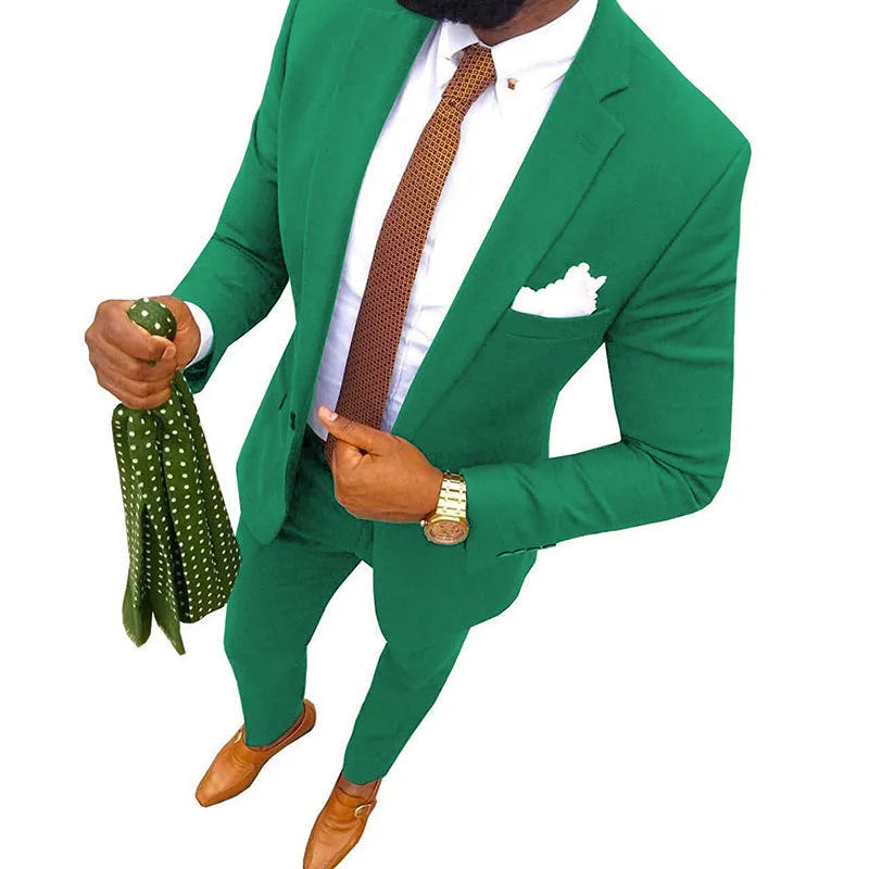 Men's two-piece cotton suit jacket and trousers available in multiple colours.