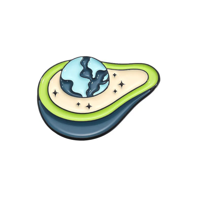 Colourful cartoon-style fruit metal brooch with a pin back on a denim jacket lapel.