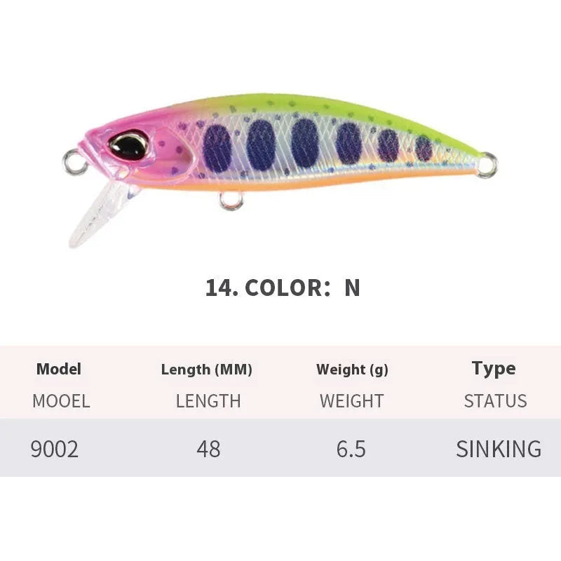 48mm mino fishing lure for snakehead and mandarin fish in various colours.