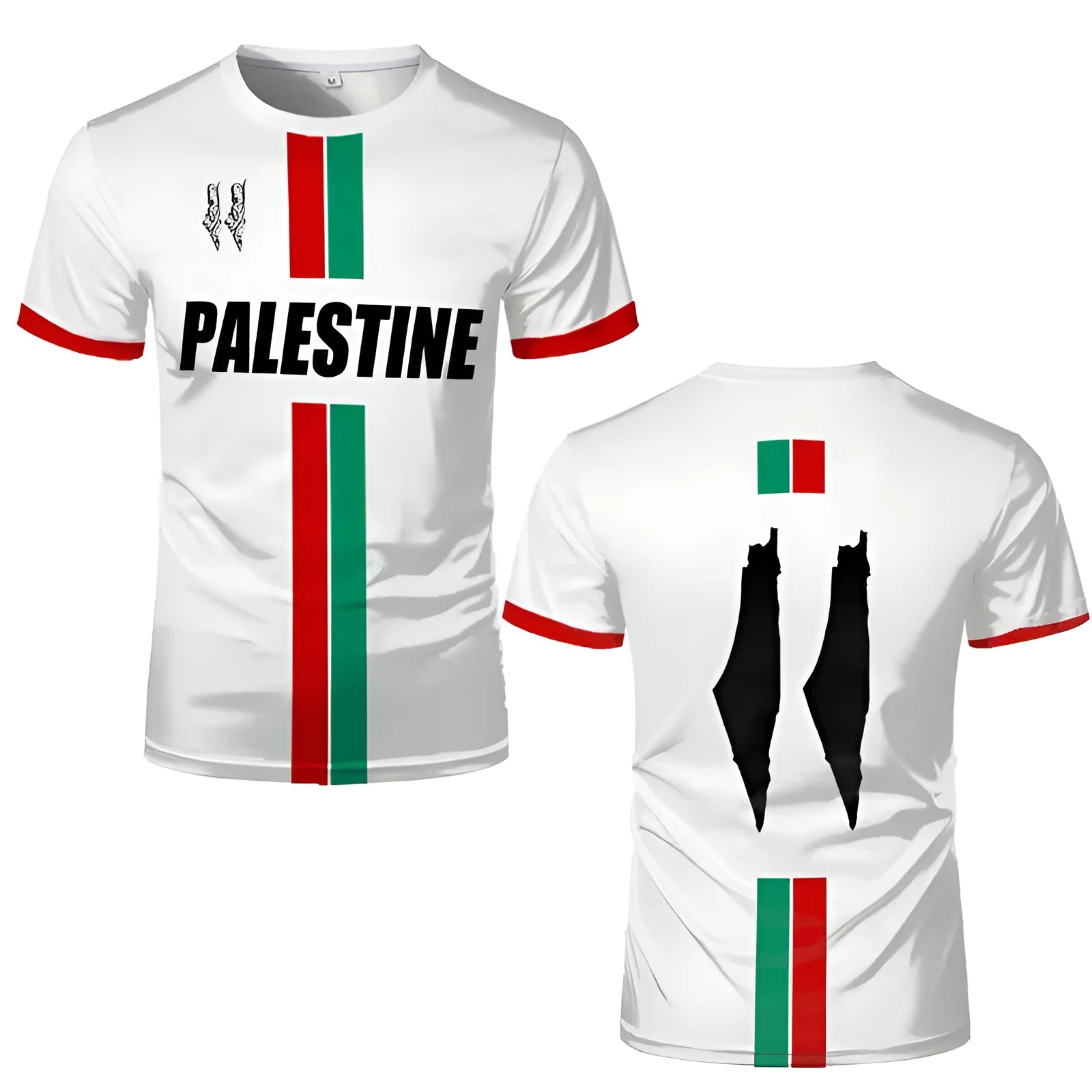 Black 3D printed football graphic on a white short sleeve t-shirt showing textured design.
