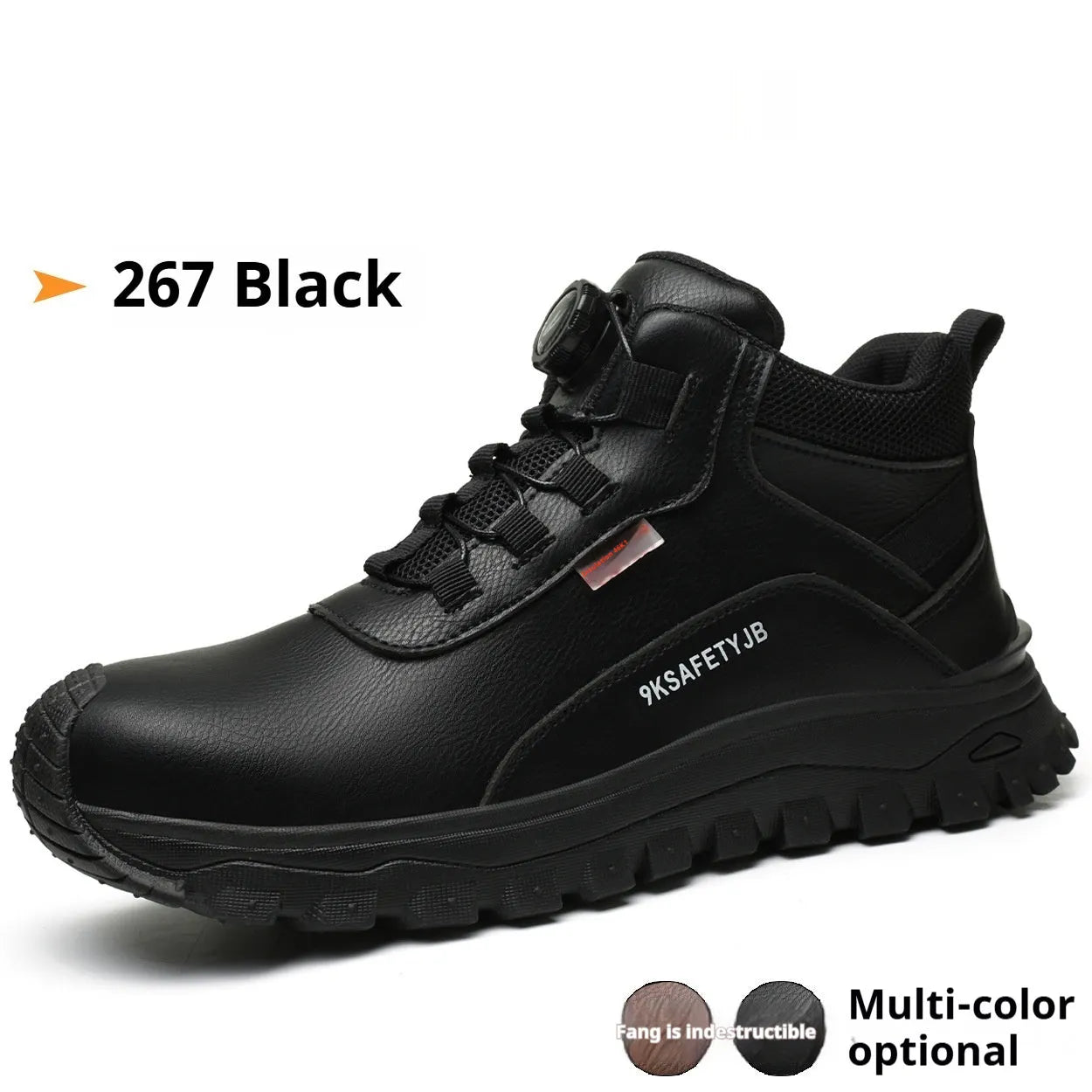 Flyknit leather safety work shoe with rubber sole, shown in black colour.