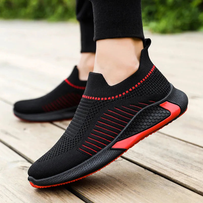 Men's striped mesh sock shoes with flyknit upper and lace-up front in multiple colour options