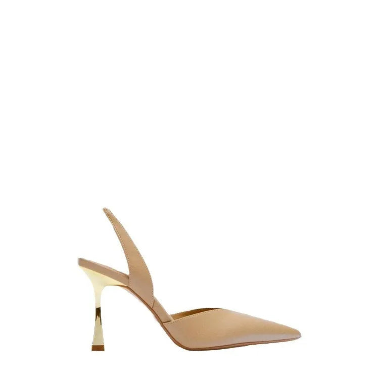 Women's apricot patent leather pointed toe high heels with a shallow mouth design on a white background.