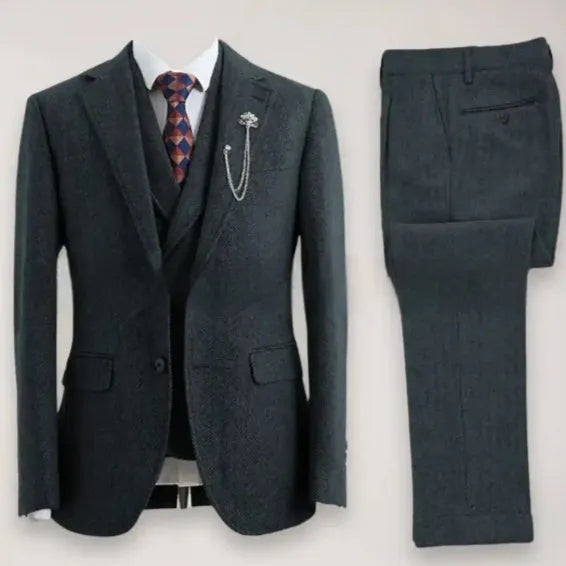 Men's slim fit three-piece suit in brown nylon with jacket, waistcoat, and trousers