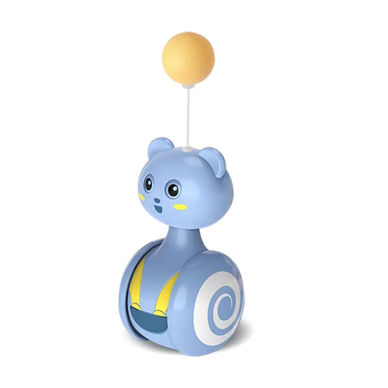 Interactive cat toy with rotating feather wand on blue plastic base for feline play