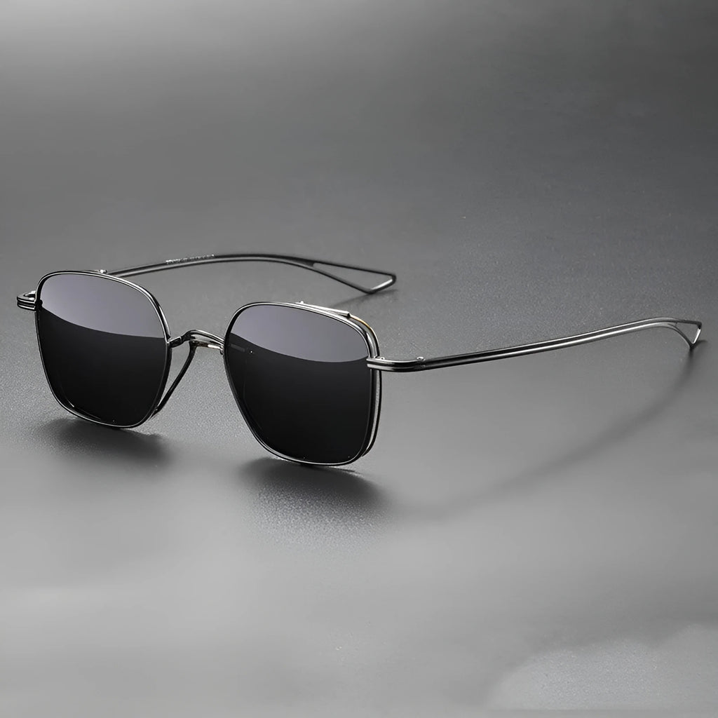 Polarized sunglasses with pure titanium frame in box style, gun mount colour with black and gray lenses