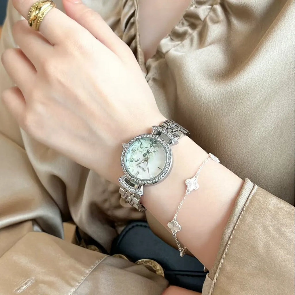 Starry Sky Fritillary Marble women's watch with 32mm dial, metal case, and steel strap
