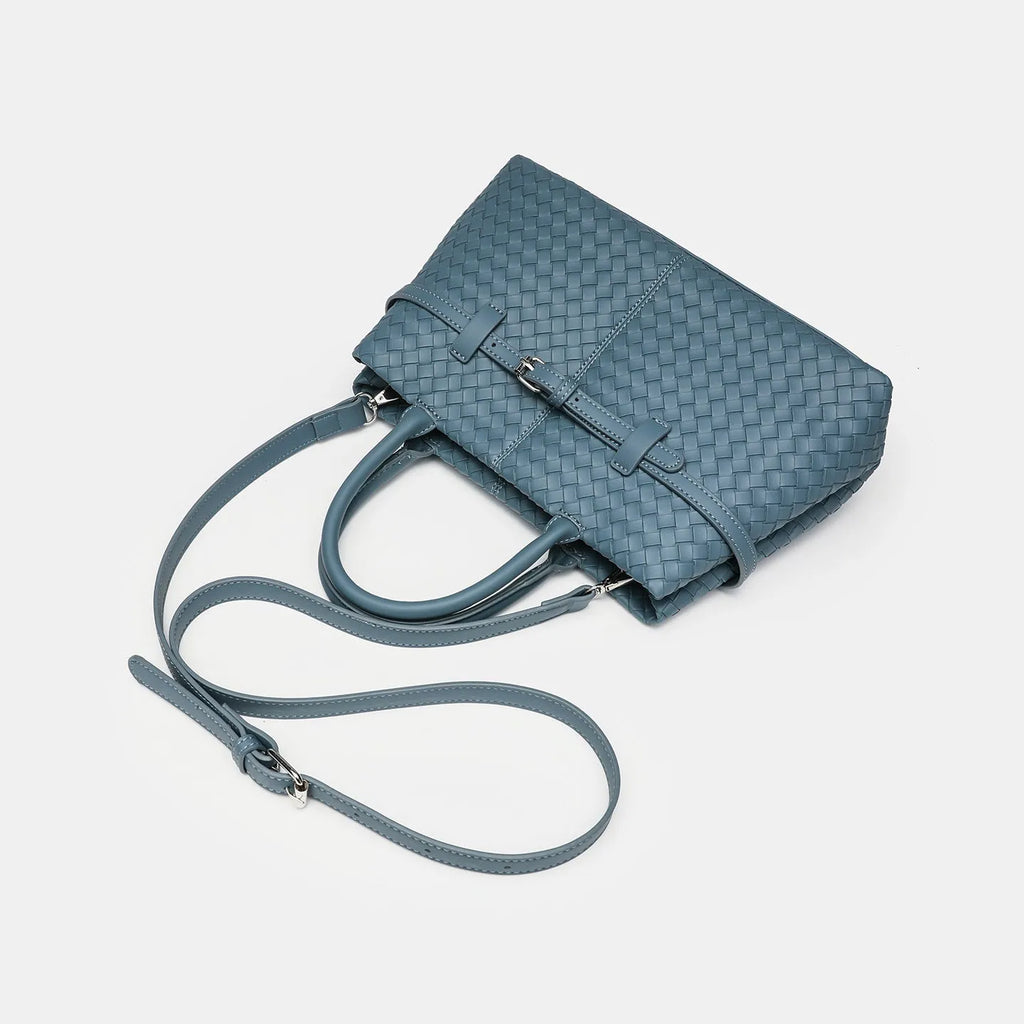 Simple commute large capacity woven pattern bag for women in beige, PU material, horizontal square shape with double shoulder straps