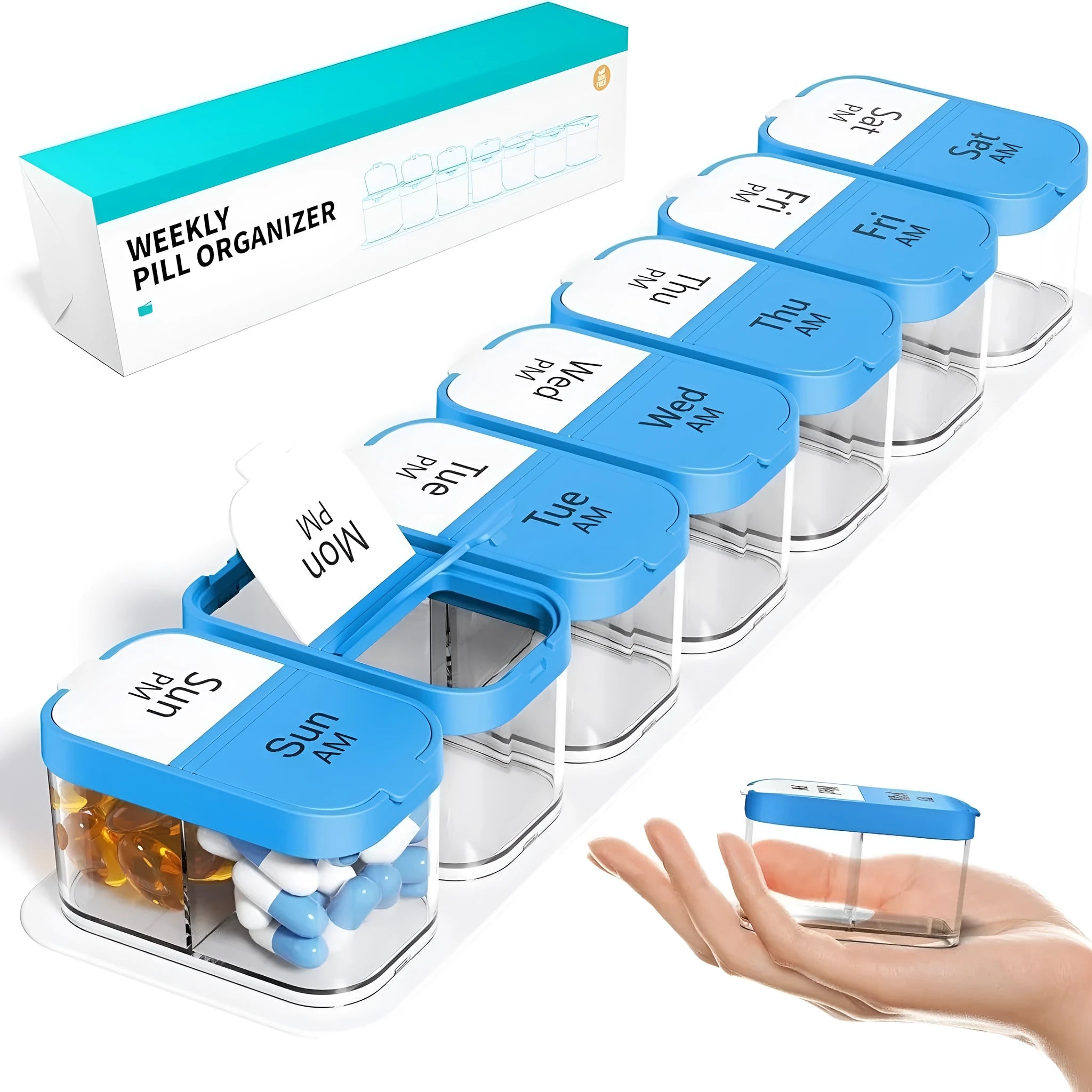 Large white and rainbow coloured plastic pill organiser with fourteen removable grid compartments.
