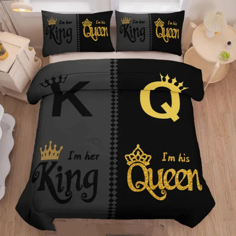 Light grey three piece quilt cover set with crown English digital print, polyester cotton, two pillowcases included