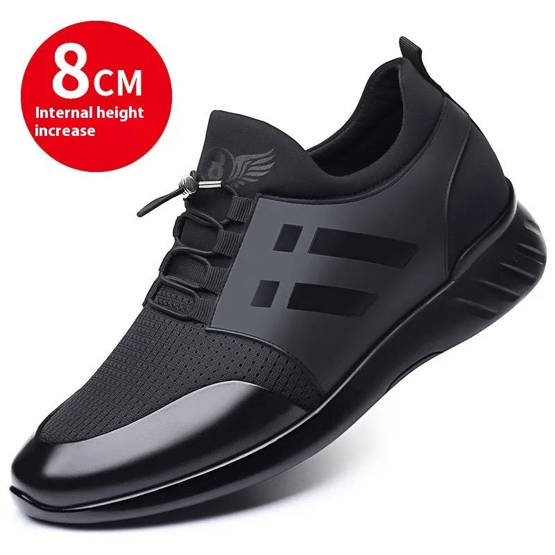 Men's black casual shoes with genuine leather upper and invisible internal height increase heel.