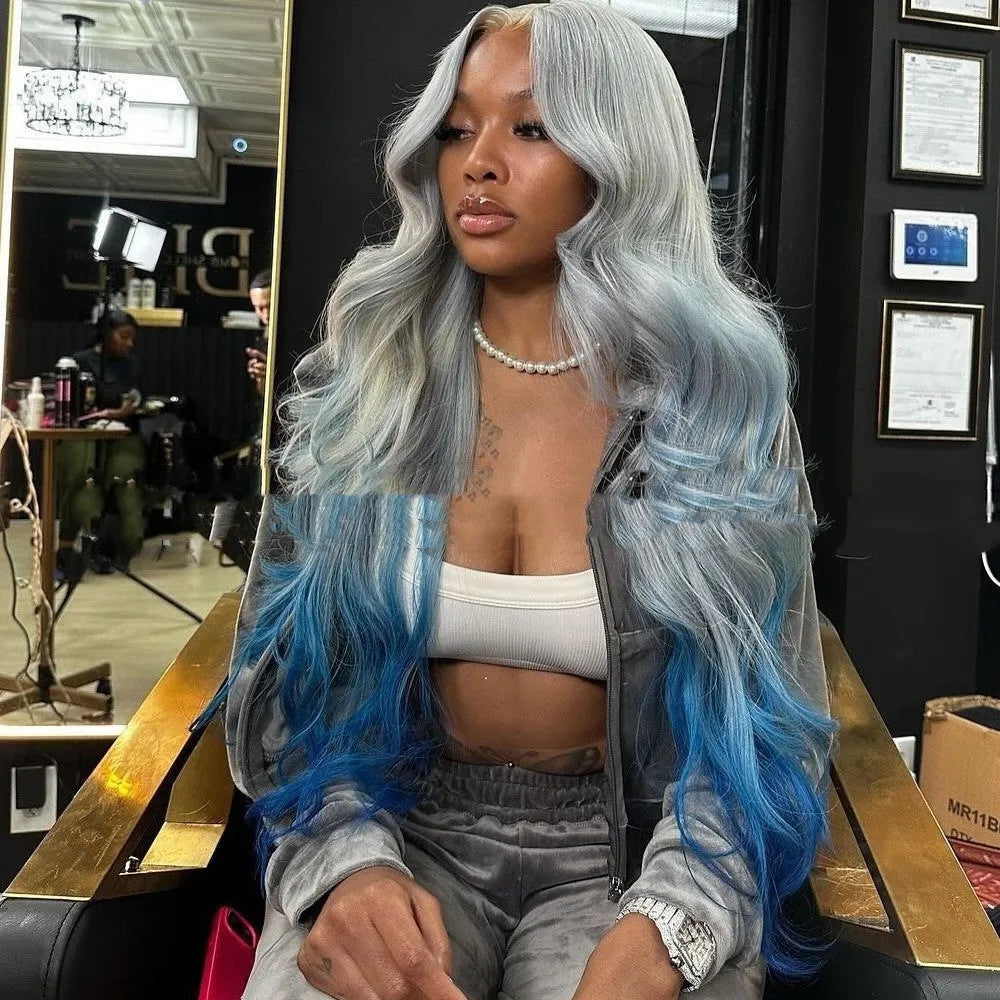Grey blue gradient colour human hair lace front wig with natural-looking 4x4 lace frontal
