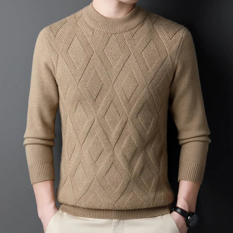 Men's thick grey diamond jacquard wool-blend pullover sweater on a hanger.