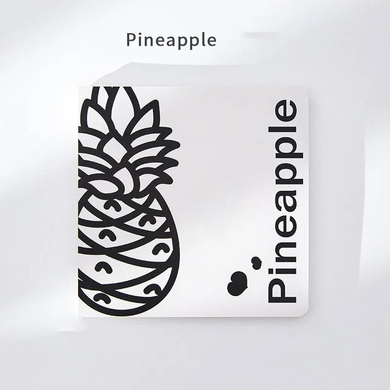 Square fruit design notebook with 14.5cm sides showing colour-embossed cover options.