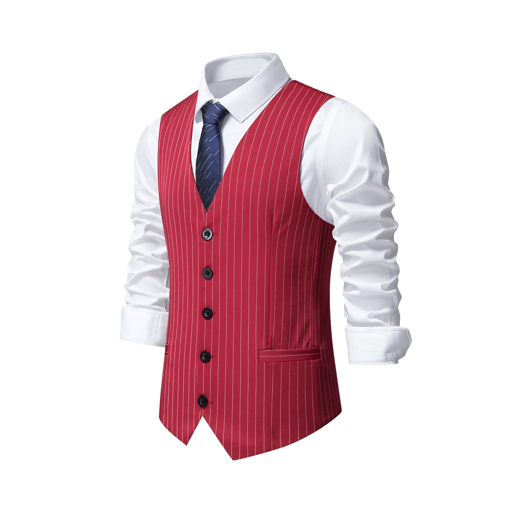 Men's striped suit vest with non-ironing polyester fabric in black, khaki or red stripe patterns