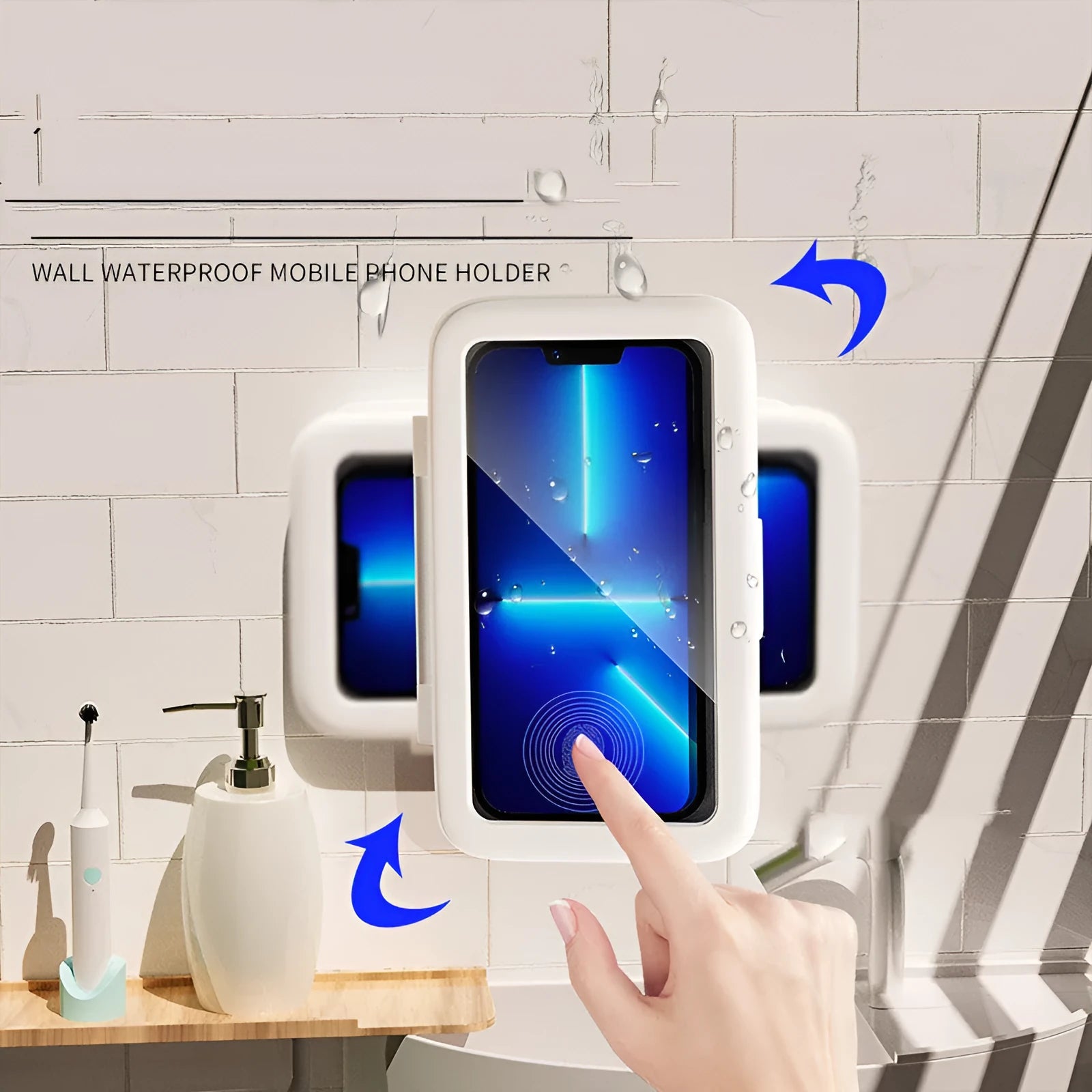 Waterproof phone holder showing anti-fog touchscreen window and universal phone compartment