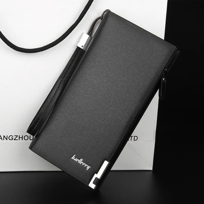 Men's black PU leather zipper wallet showing long multifunctional closure design