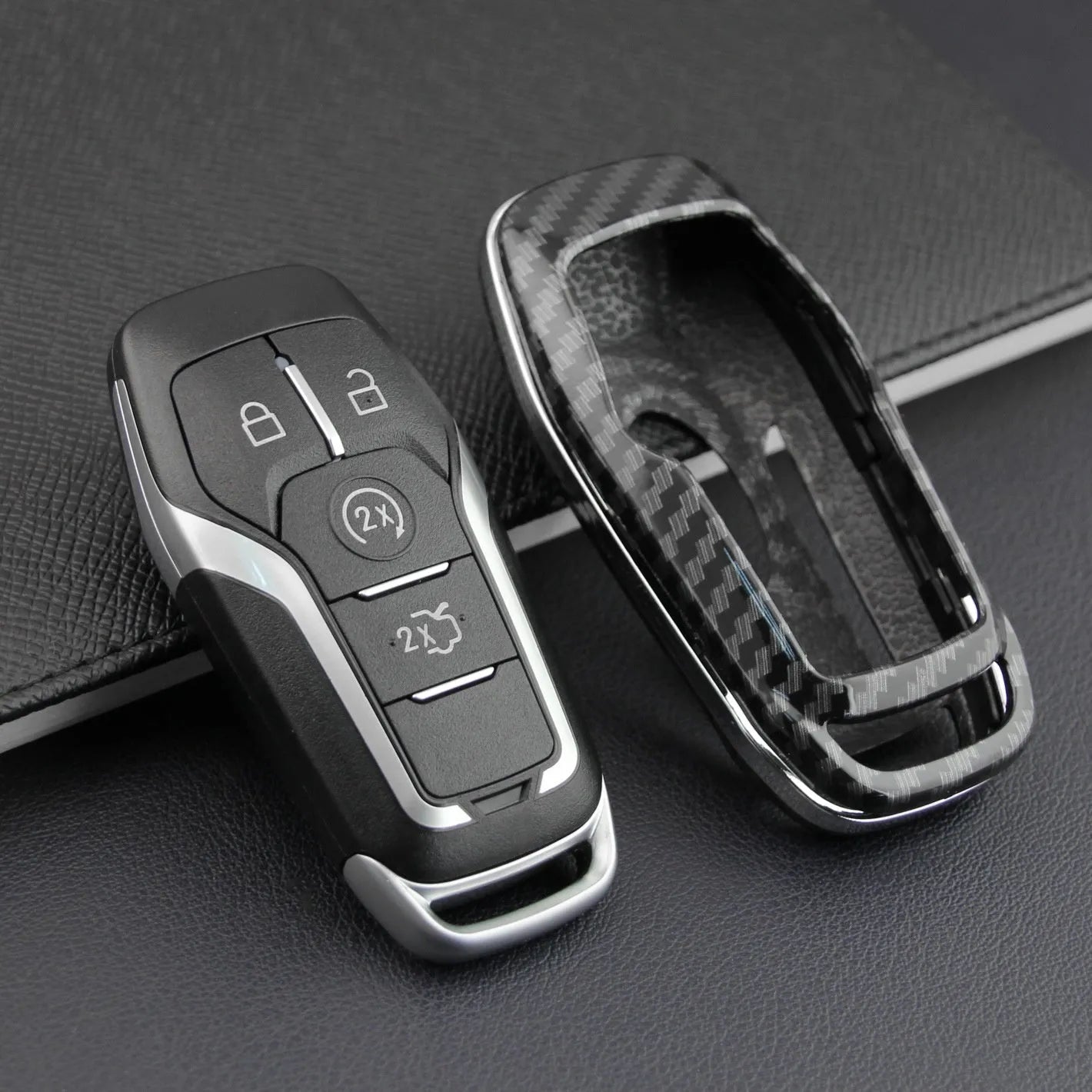 Plastic protective shell for a car key remote, shown in single shell and buckle design options.