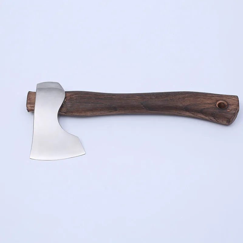 Compact camping axe with a wooden handle and high carbon steel head on a neutral background.