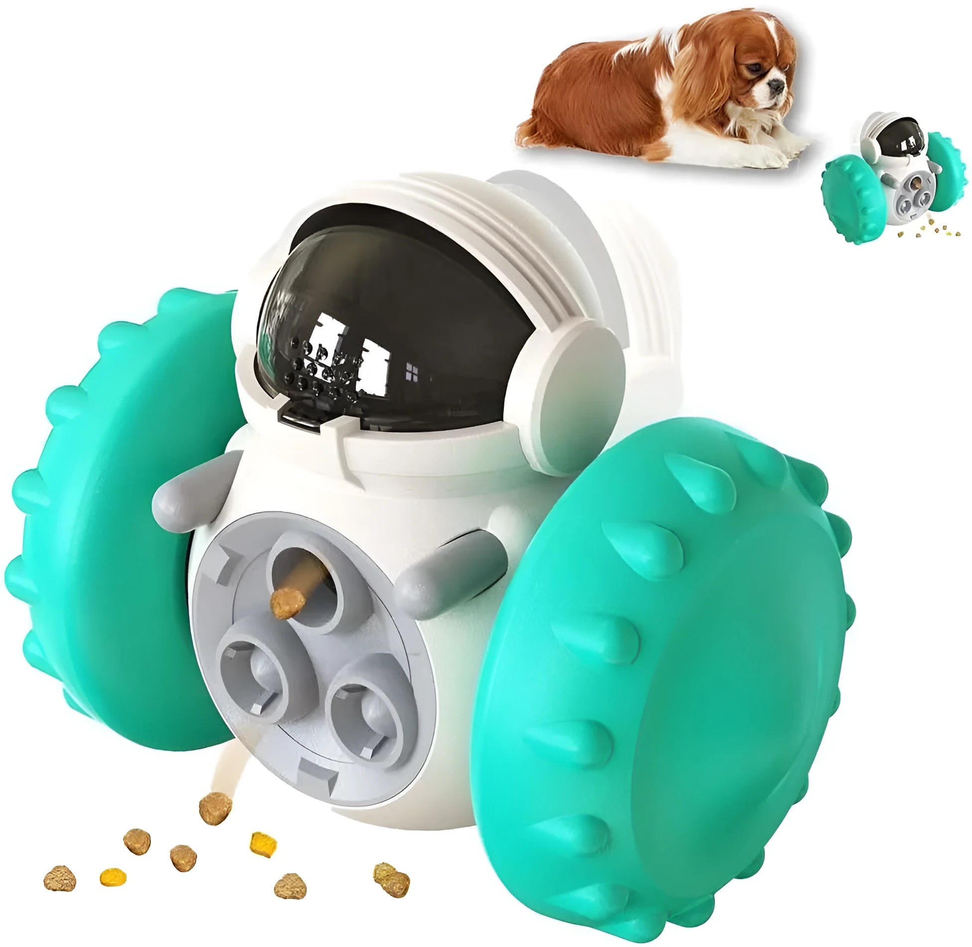 Robot-shaped tumbler pet treat dispenser toy in assorted colours for small dogs and cats