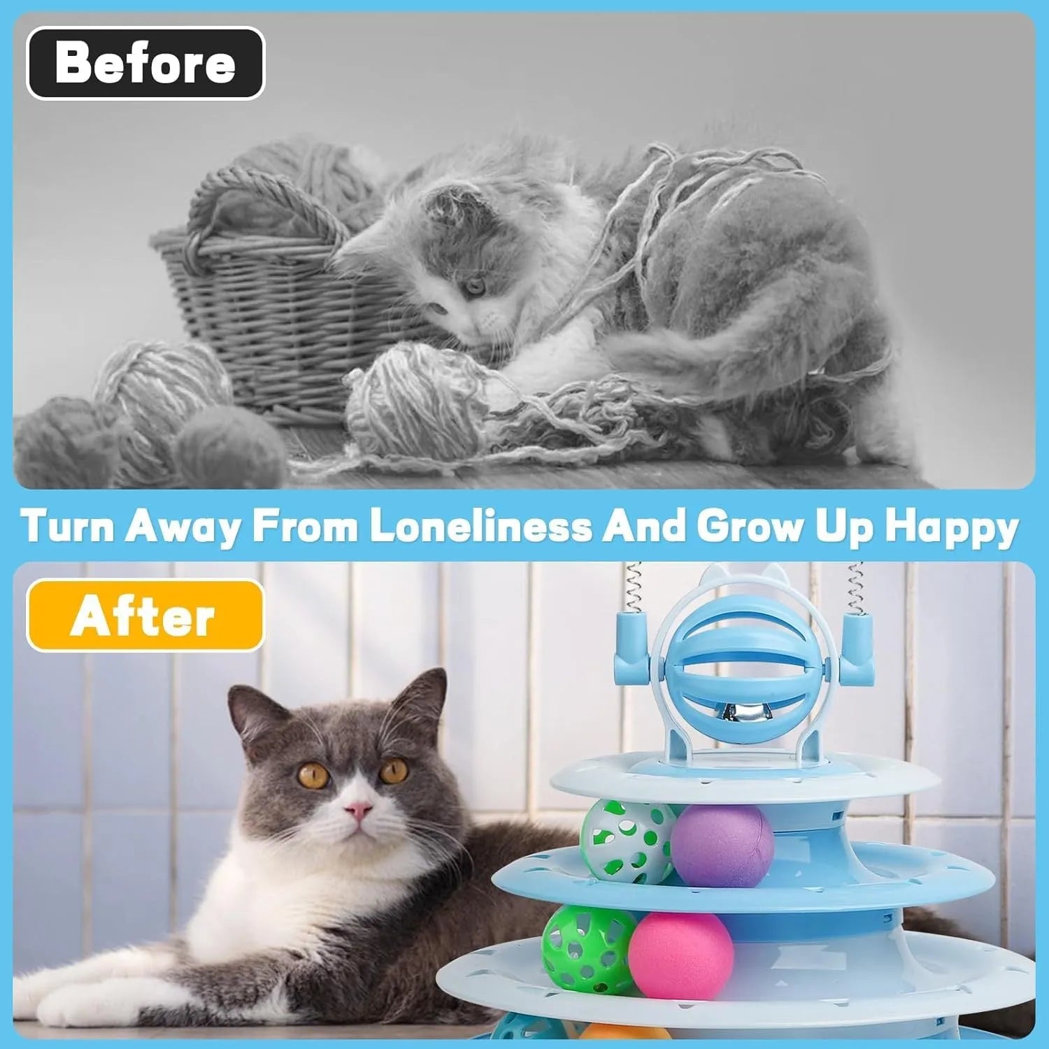 Blue four-tier rotating cat carousel toy with six coloured balls, a top bell, and two teasing rods on a non-slip base.