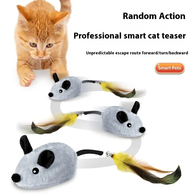 Interactive electric cat toy mouse with remote control and replaceable feather tails in grey and yellow options