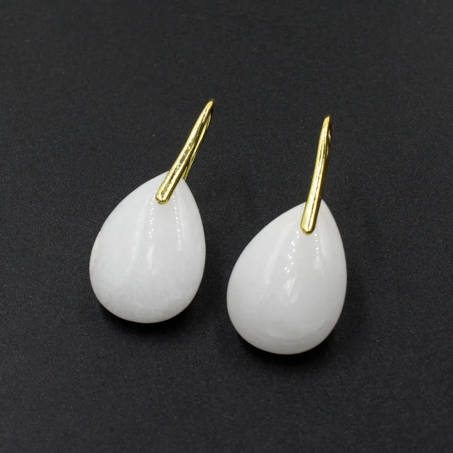 Geometric water drop earrings featuring a green aventurine crystal in a silver-toned electroplated setting.