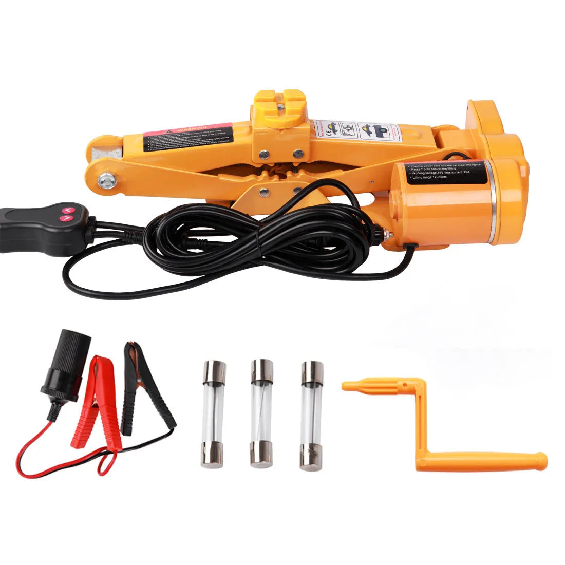 Hydraulic electric car jack kit with control box, shown stored in a vehicle boot.