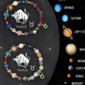 Zodiac sign beaded bracelets with natural stone beads and adjustable string closures showing twelve astrological designs