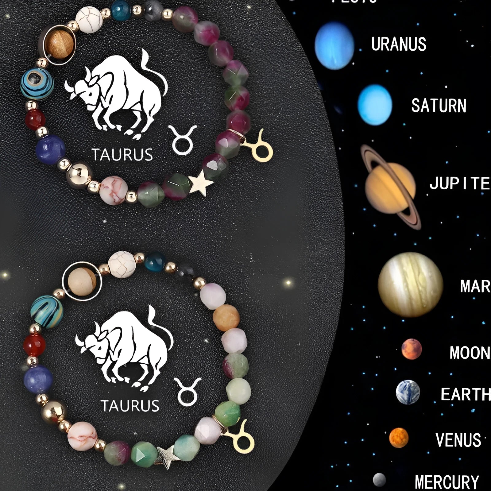 Zodiac sign beaded bracelets with natural stone beads and adjustable string closures showing twelve astrological designs