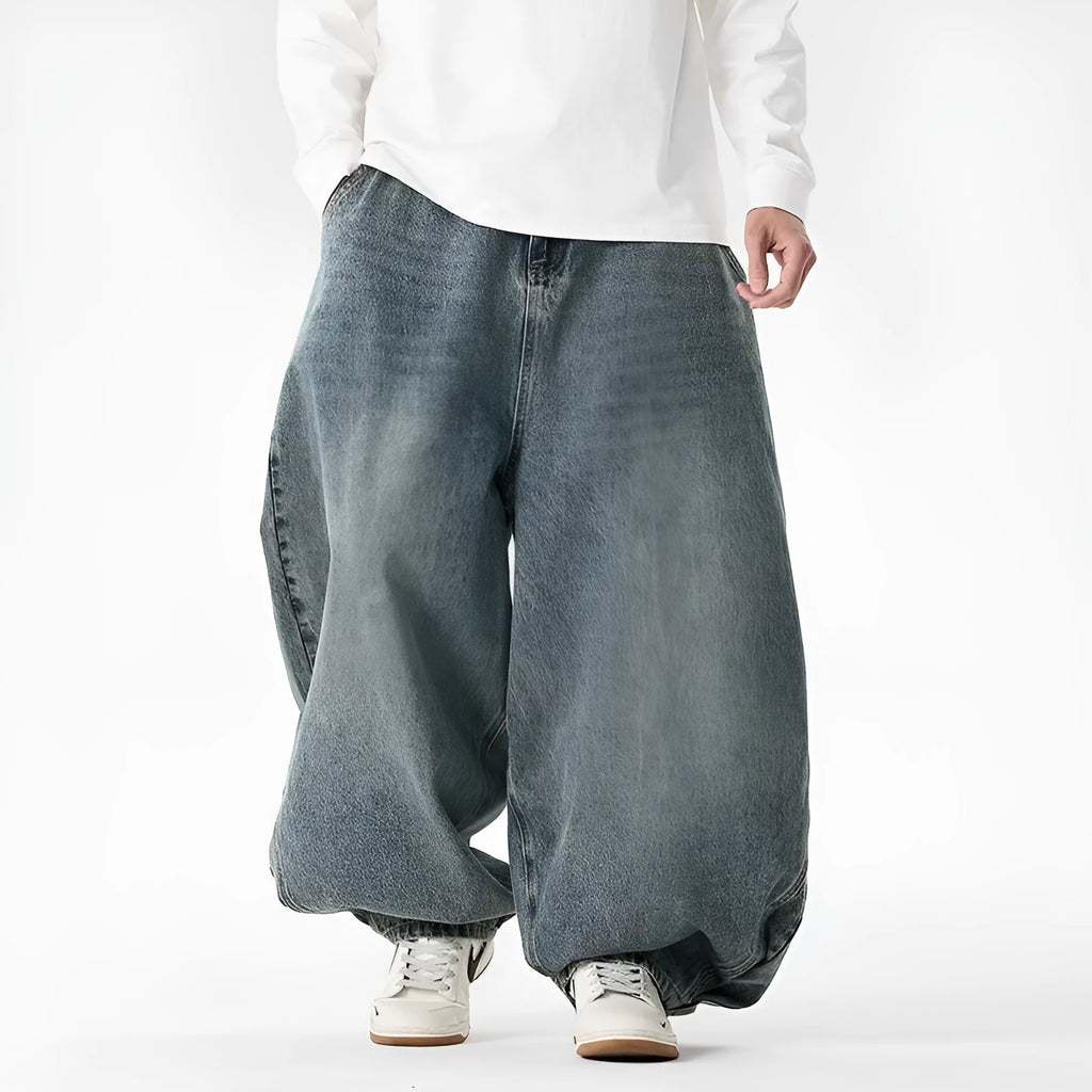 Men's plus size wide leg baggy jeans in cotton denim available in light blue, dark blue, and black colours