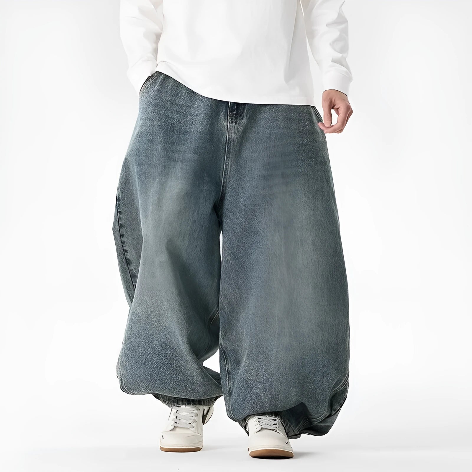 Men's plus size wide leg baggy jeans in cotton denim available in light blue, dark blue, and black colours