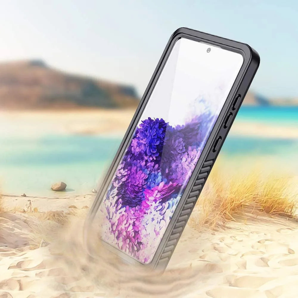Transparent waterproof Samsung phone case in TPU and PC with all-inclusive drop-resistant shell, shown for Galaxy models.