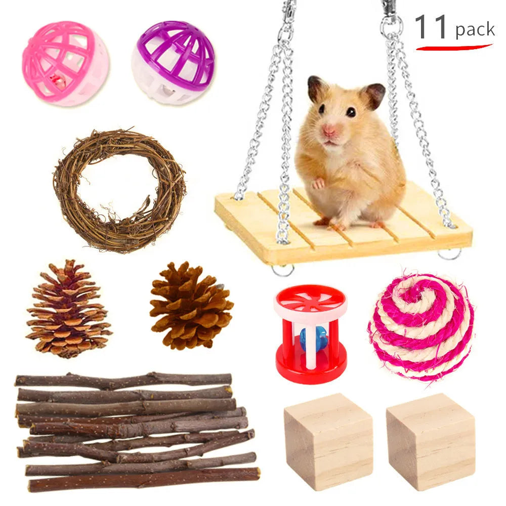 Wooden toy combination set for rabbits, guinea pigs, and parrots with straw mattress and natural material balls
