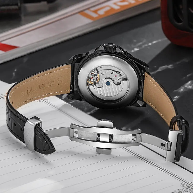 Men's automatic watch with luminous hands on stainless steel bracelet and leather strap options
