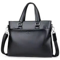 Men's black PU leather shoulder messenger bag with a splicing design detail.