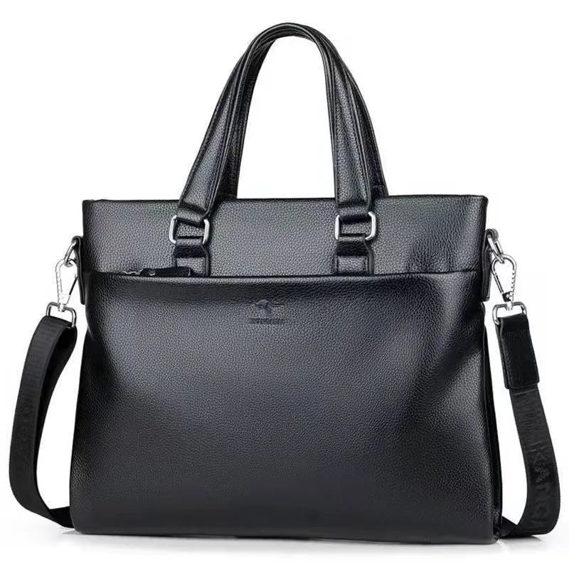 Men's black PU leather shoulder messenger bag with a splicing design detail.