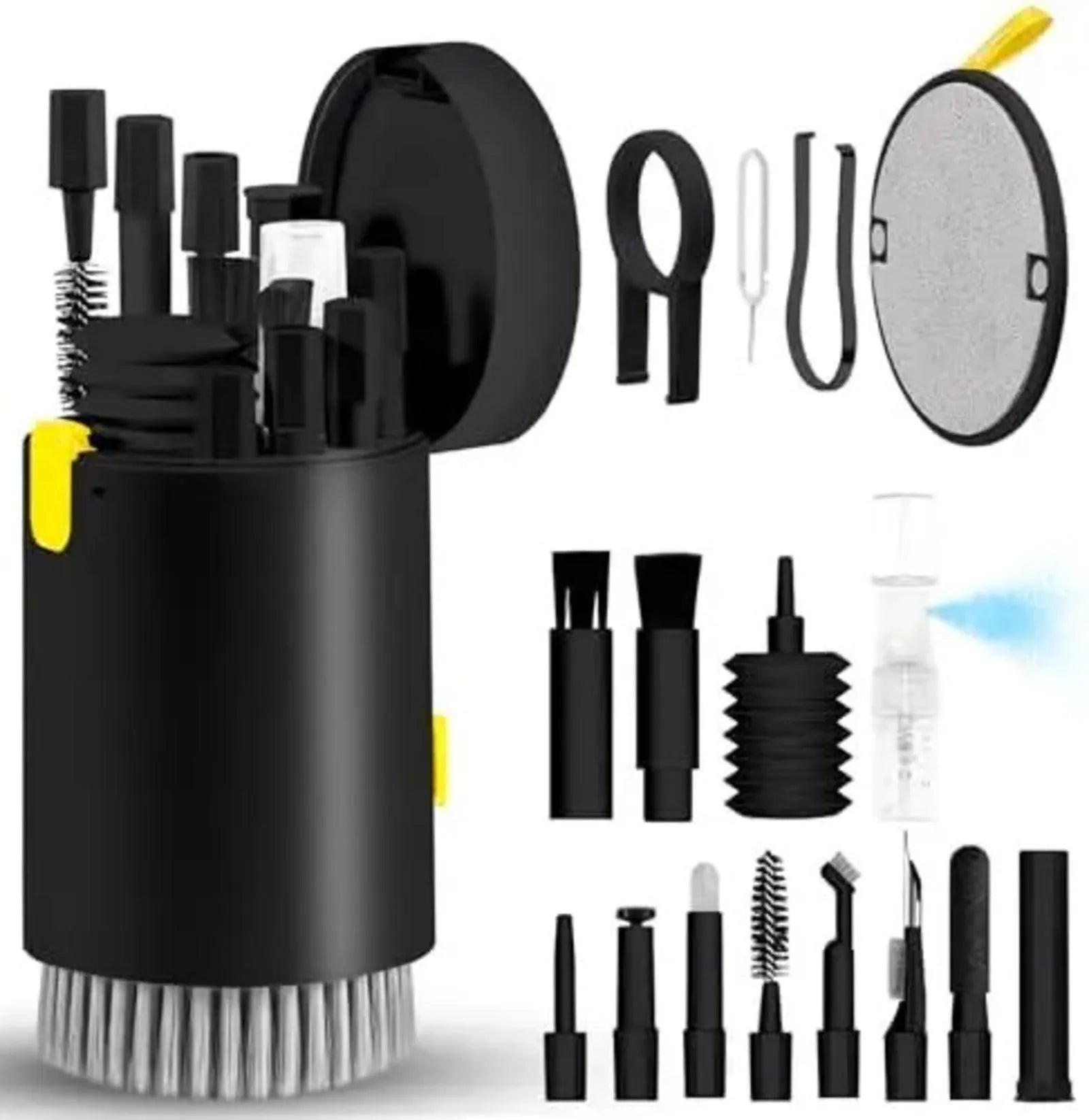 20 in 1 electronic cleaning kit with ABS tools in cylindrical black holder on white background