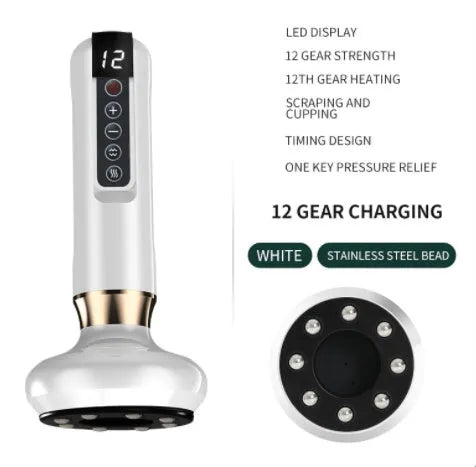 Green electric vacuum cupping massager device with USB cable on a white background