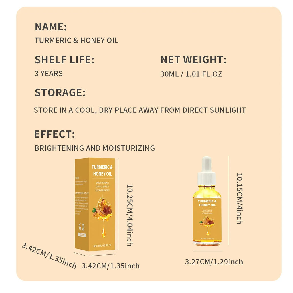 30ml amber glass bottle of turmeric honey essential oil with dropper for facial application
