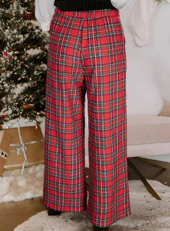 Red women's casual lattice loose trousers with elastic waist, loose fit, temperment commute style