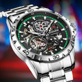 Silver stainless steel automatic skeleton watch with luminous markers and transparent case back