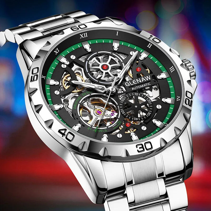 Silver stainless steel automatic skeleton watch with luminous markers and transparent case back