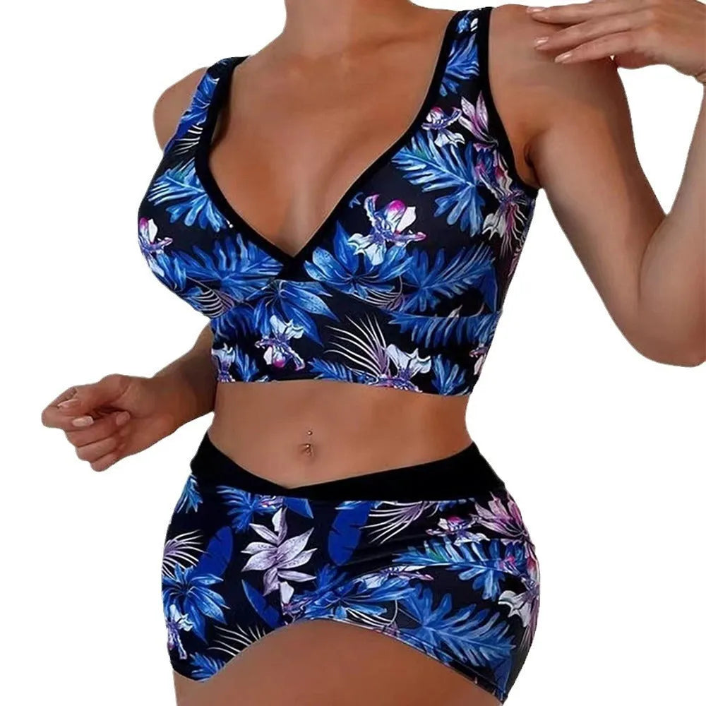 Women's two-piece printed swimsuit set with boxer briefs and sleeveless top