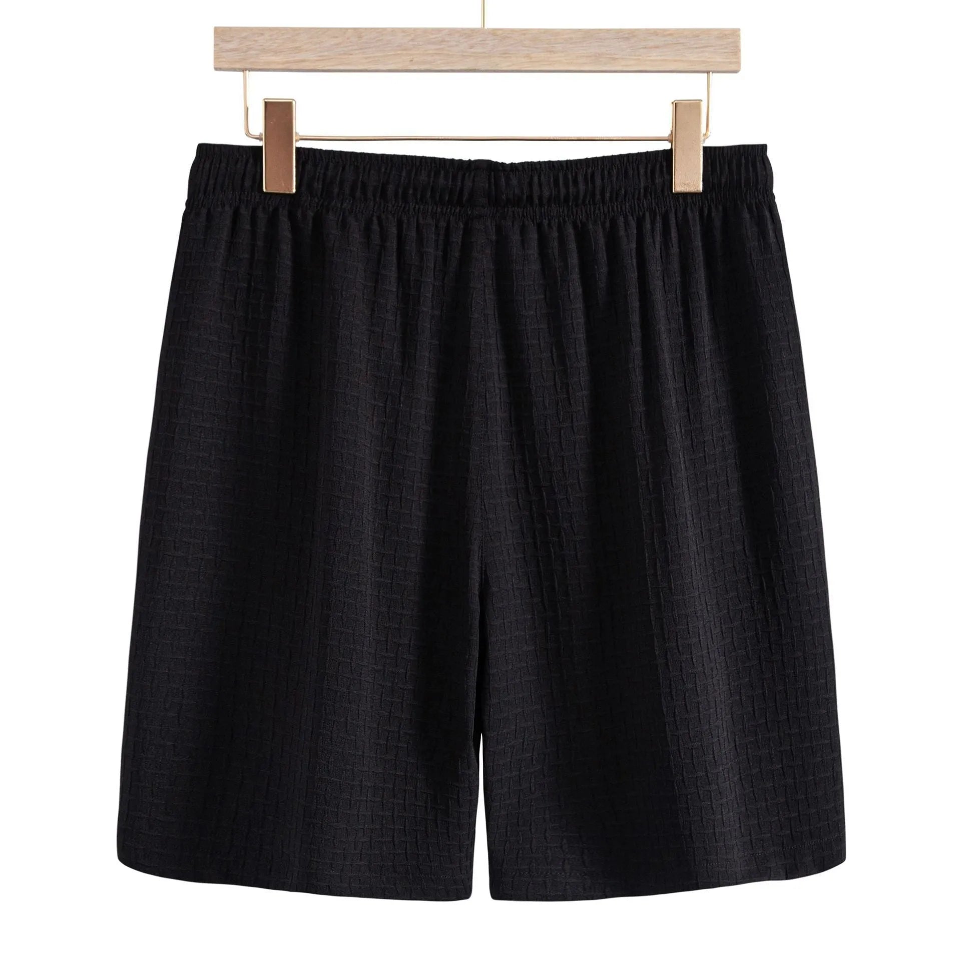 Men's casual cotton blend short sleeve shirt and shorts set in black, laid flat.